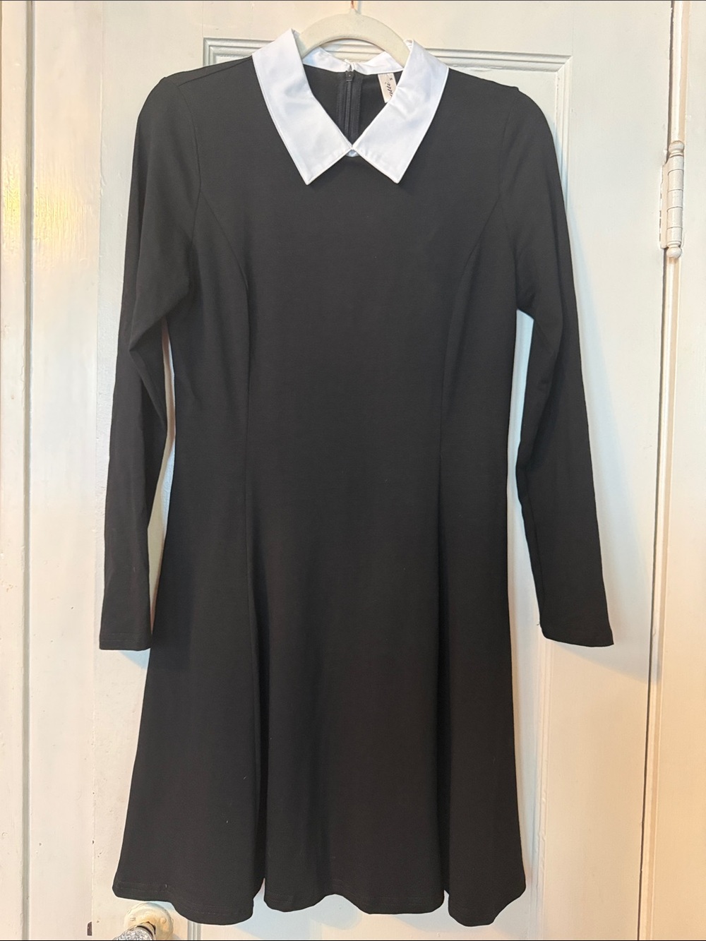 Black Long-Sleeve Fit-and-Flare Dress with White Pointed Collar